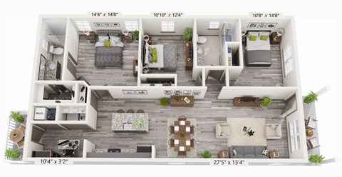 Floor plan for 3 beds, 2 baths, 1307 sqft